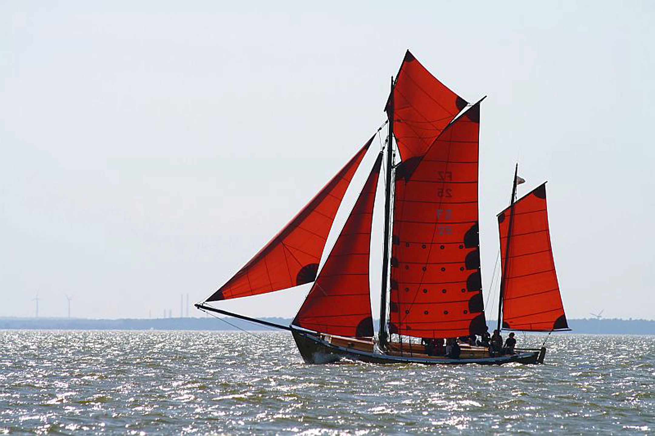 Zeesboat with red sails on the lagoon off Zingst