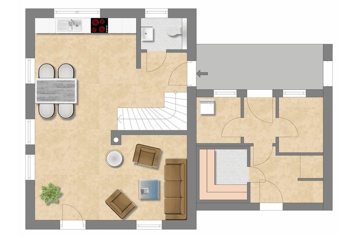 Ground floor plan with living and dining area, kitchen, guest WC and sauna building