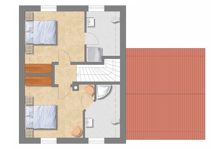 Upper floor plan with two bedrooms and two shower rooms