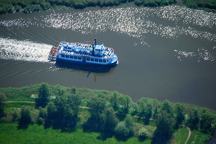 Excursion boat on the Bodden channel, aerial view
